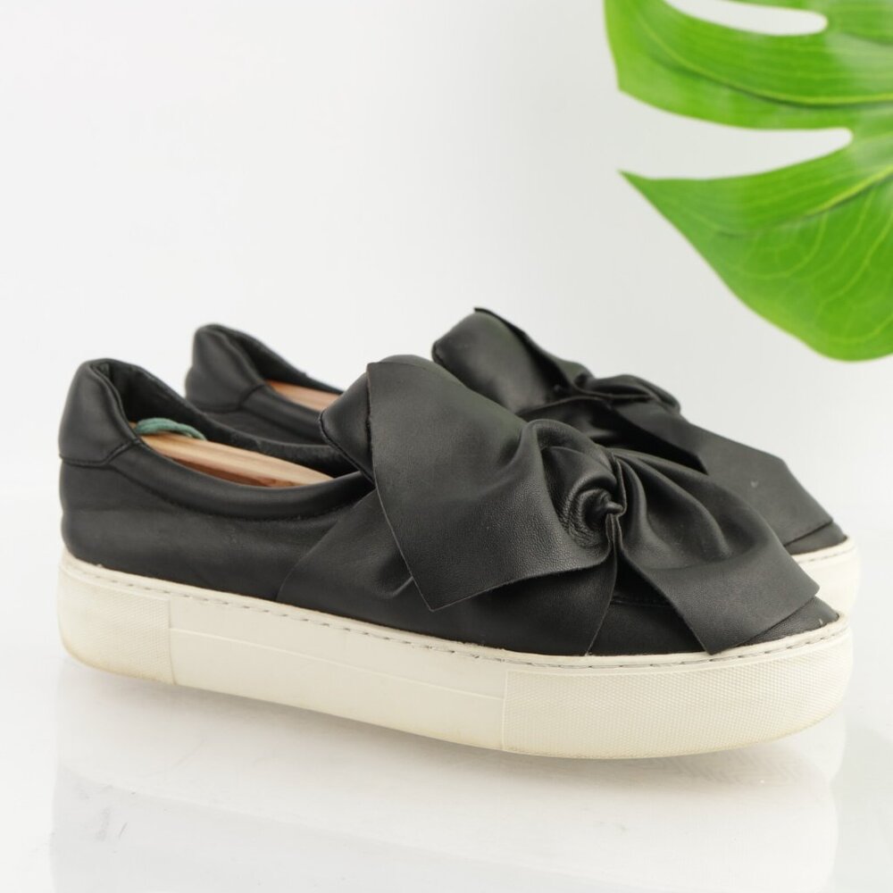 JSlides Womens Beauty Bow Slip On Shoes Size 8 Black Leather Platfrom Top Knot